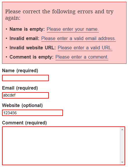 Screen capture showing comment form and JavaScript-provided error messages identifying empty required fields and invalid email and website entries.