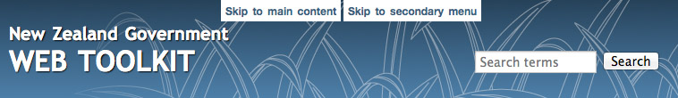 Screen capture showing this site’s “skip links” when focussed and visible in larger viewports.