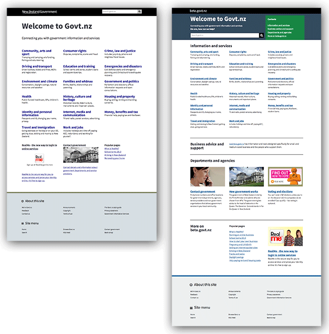 Screenshots of the old beta.govt.nz homepage (left) and new one (right) with updates to font, colour, and access to contact details.
