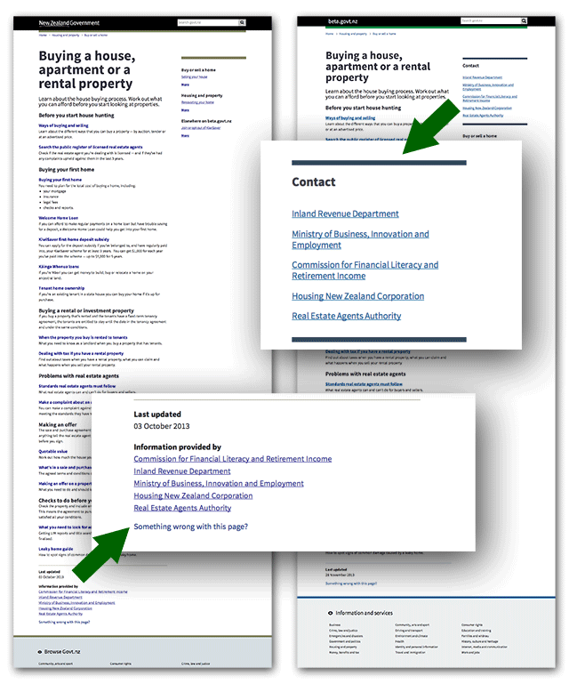 Screenshots comparing previous and new positioning and labelling of responsible agencies on information pages.